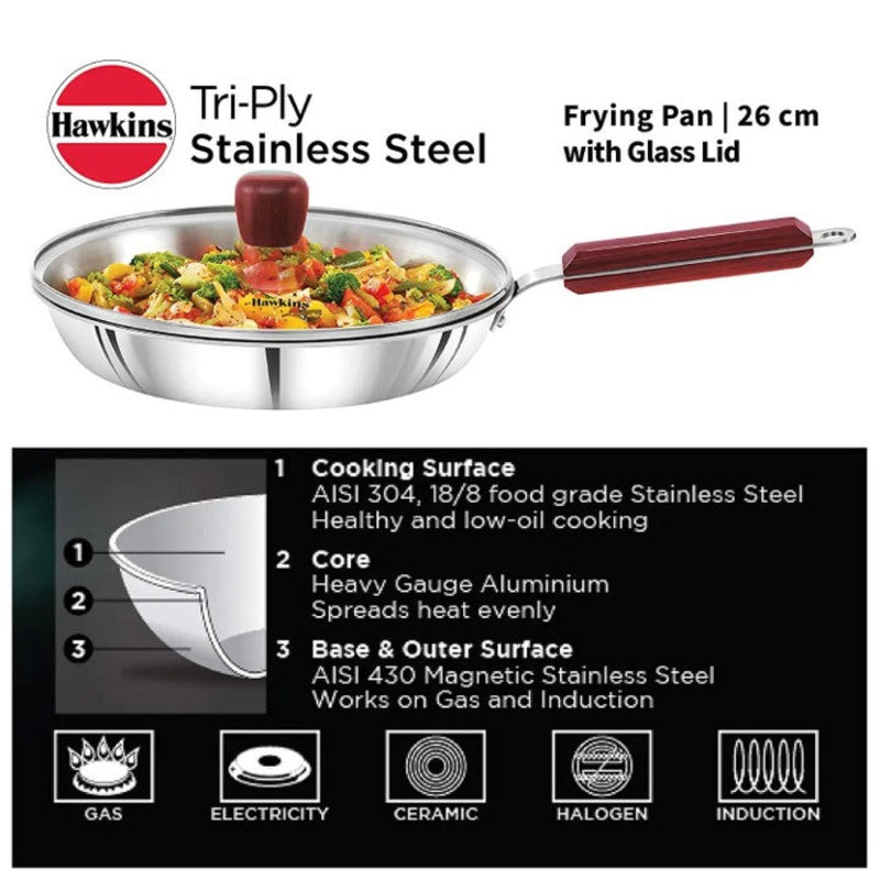 Hawkins Tri-Ply Stainless Steel Frying Pan with Glass Lid 26 cm - 9
