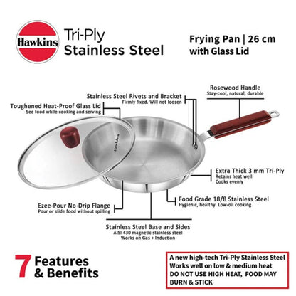 Hawkins Tri-Ply Stainless Steel Frying Pan with Glass Lid 26 cm - 10