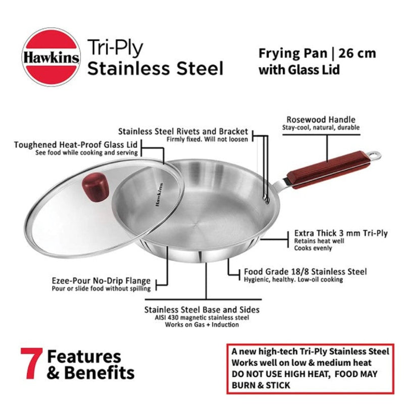 Hawkins Tri-Ply Stainless Steel Frying Pan with Glass Lid 26 cm - 10
