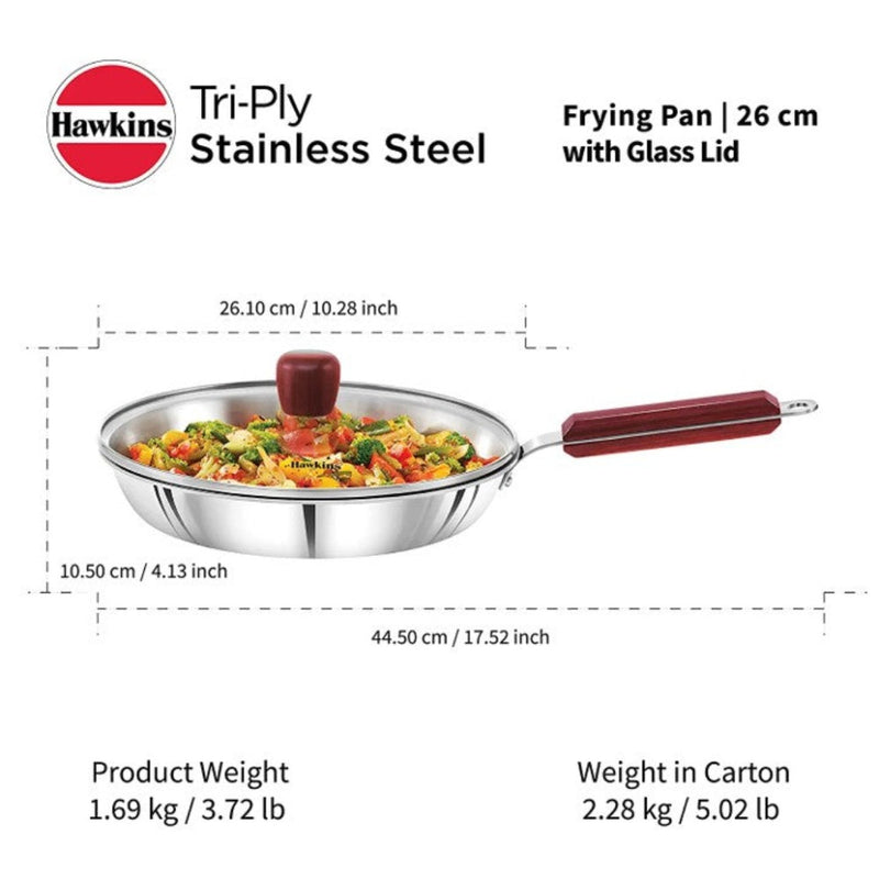Hawkins Tri-Ply Stainless Steel Frying Pan with Glass Lid 26 cm - 11