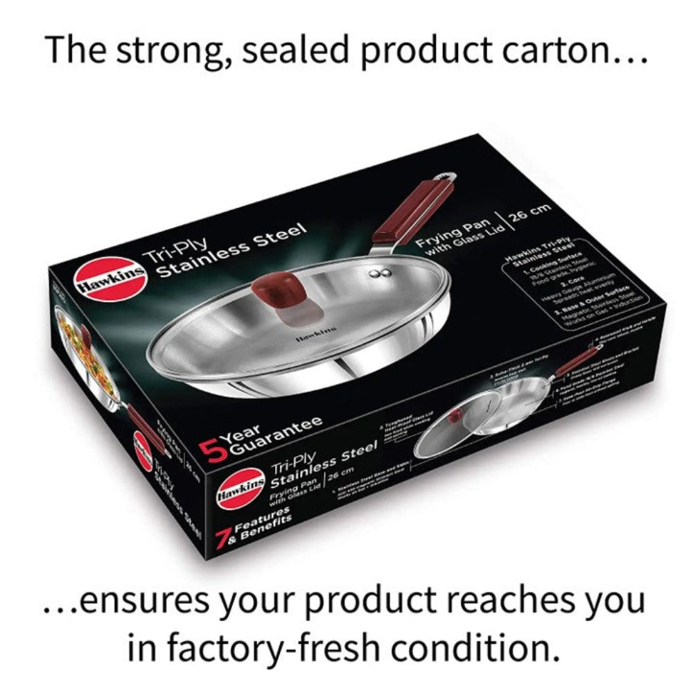 Hawkins Tri-Ply Stainless Steel Frying Pan with Glass Lid Induction Compatible Silver