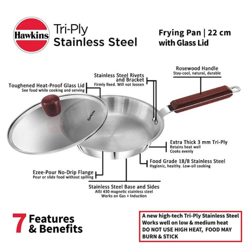 Hawkins Tri-Ply Stainless Steel Frying Pan with Glass Lid 22 cm - 3