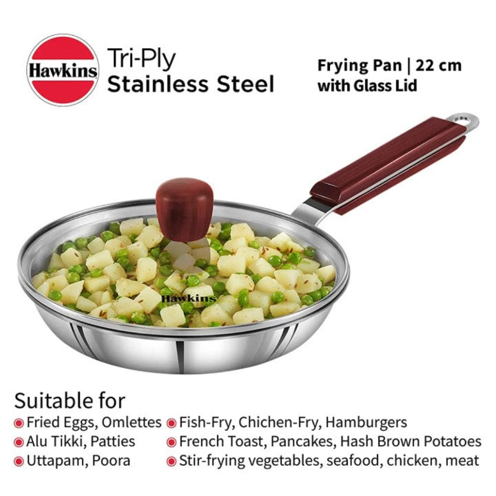Hawkins Tri-Ply Stainless Steel Frying Pan with Glass Lid Induction Compatible Silver