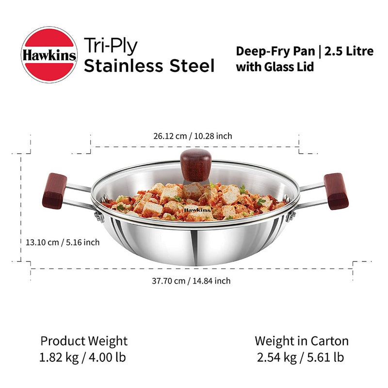 Hawkins Tri-Ply Stainless Steel Kadhai with Glass Lid 2.5 L - 8