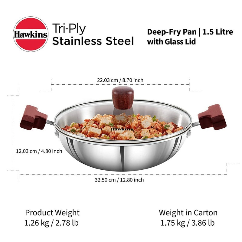 Hawkins Tri-Ply Stainless Steel Kadhai with Glass Lid  1.5 L - 3