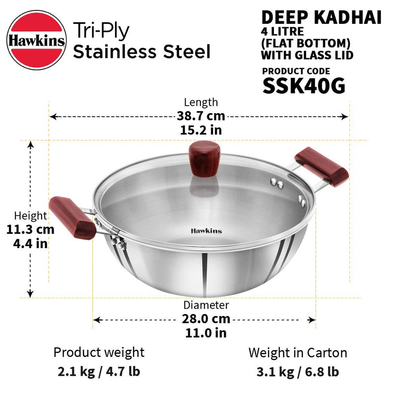 Hawkins Tri-Ply Stainless Steel Kadhai with Glass Lid 4 L - 11