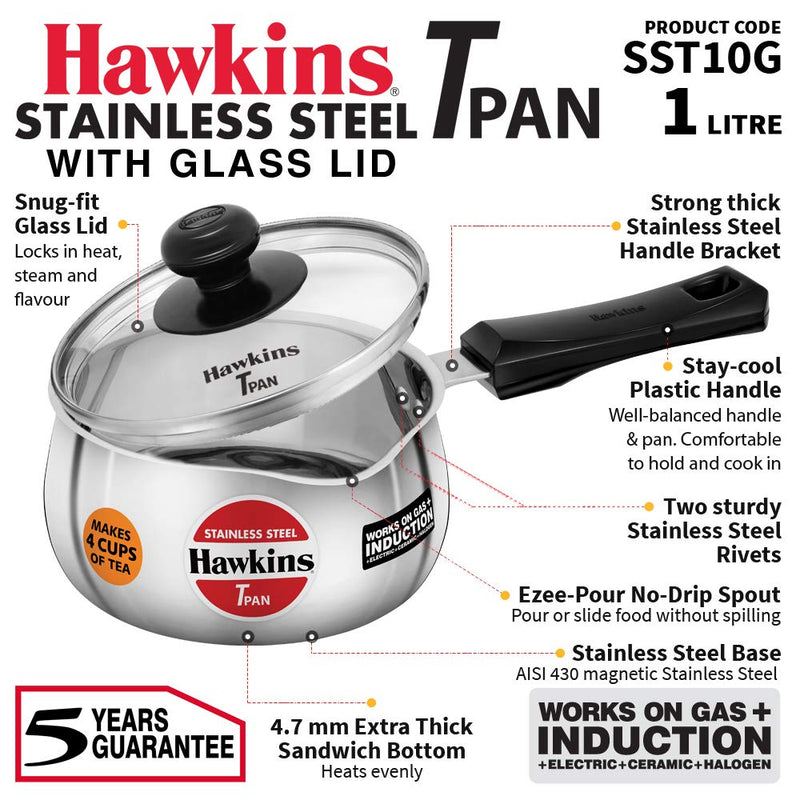 Hawkins Stainless Steel Induction Compatible TPan (Saucepan) - 1 Litre - With Glass Lid - 8