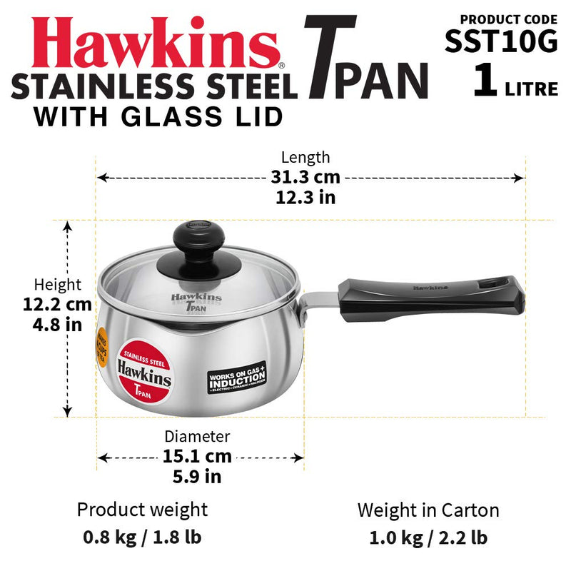 Hawkins Stainless Steel Induction Compatible TPan (Saucepan) - 1 Litre - With Glass Lid - 9