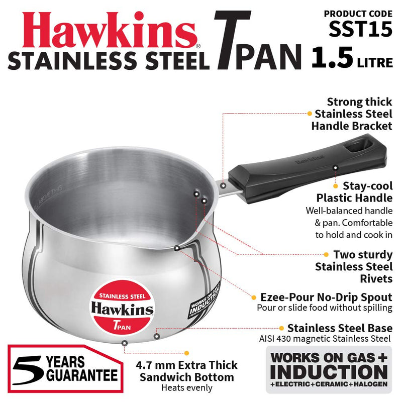 Hawkins Stainless Steel Induction Compatible TPan (Saucepan) - 1.5 Litre - Without Lid - 13