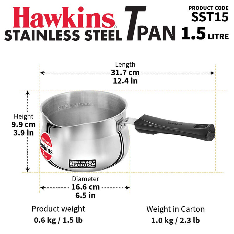 Hawkins Stainless Steel Induction Compatible TPan (Saucepan) - 1.5 Litre - Without Lid - 14