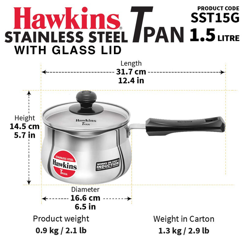Hawkins Stainless Steel Induction Compatible TPan (Saucepan) - 1.5 Litre - With Glass Lid - 19