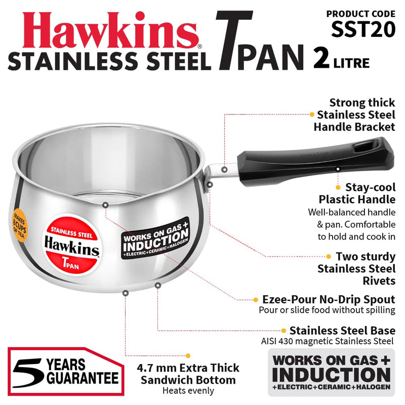 Hawkins Stainless Steel Induction Compatible TPan (Saucepan) - 2 Litre - Without Lid - 23