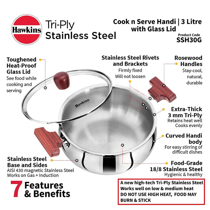 Hawkins Tri-Ply Stainless Steel Cook and Serve 3 Litre Handi with Glass Lid  - 8