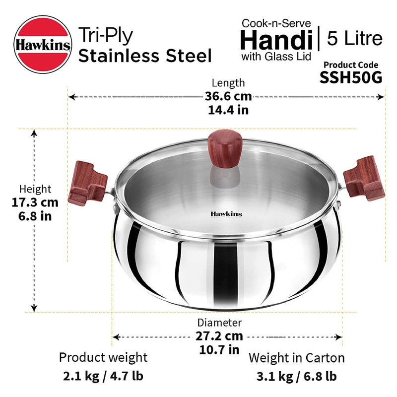 Hawkins Tri-Ply Stainless Steel Cook and Serve 5 Litre Handi with Glass Lid  - 17