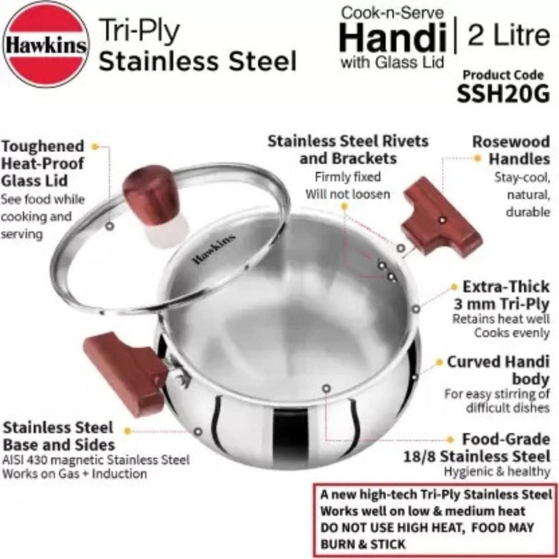 Hawkins Tri-Ply Stainless Steel Cook and Serve 2 Litre Handi with Glass Lid  - 2