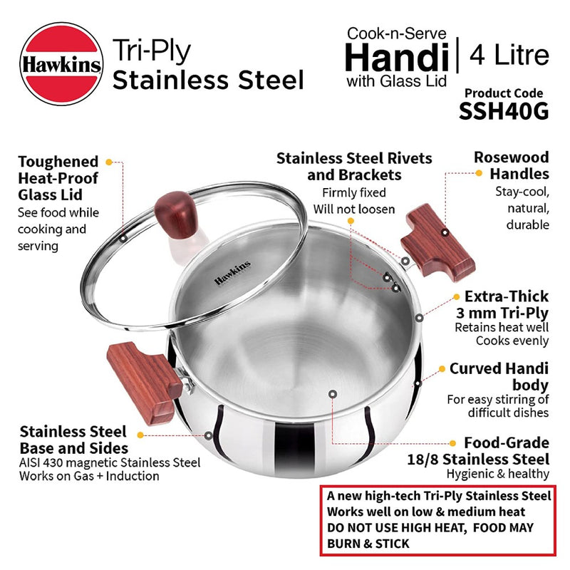 Hawkins Tri-Ply Stainless Steel Cook and Serve 4 Litre Handi with Glass Lid  - 12
