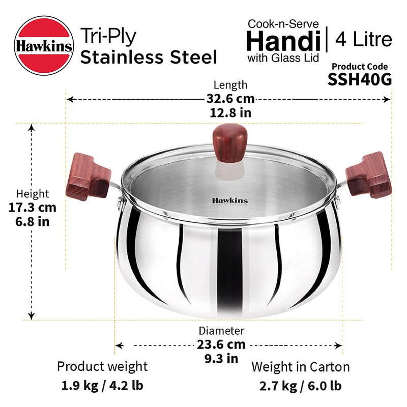 Hawkins Tri-Ply Stainless Steel Cook and Serve Handi with Glass Lid