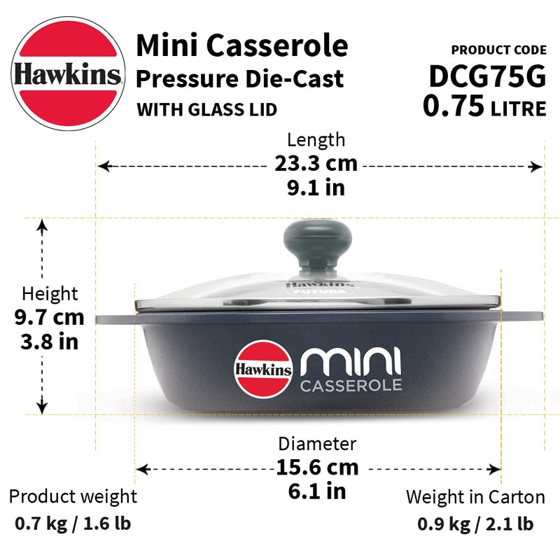 Hawkins Die Cast 750 ML Mini Oval Casserole with Glass Lid - 12