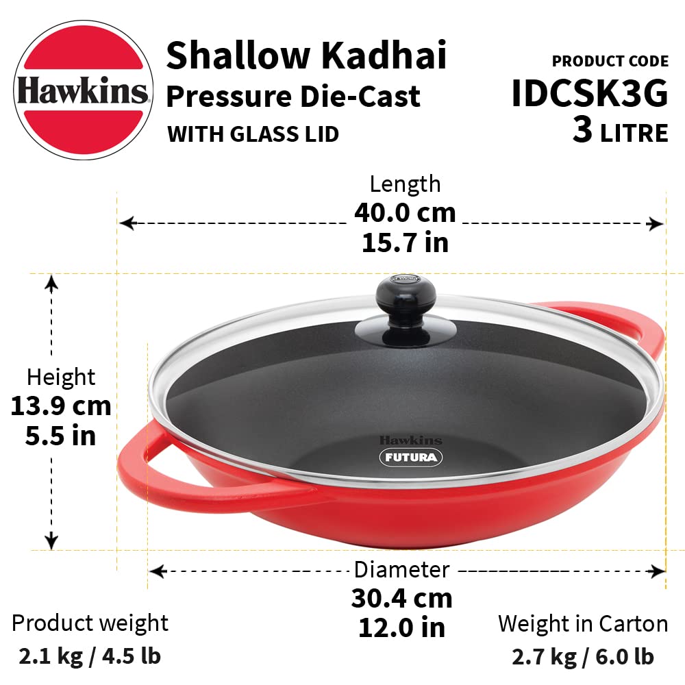 Hawkins Die Cast Non Stick Litre Shallow Kadhai with Glass Lid Induction Bottom Red Black