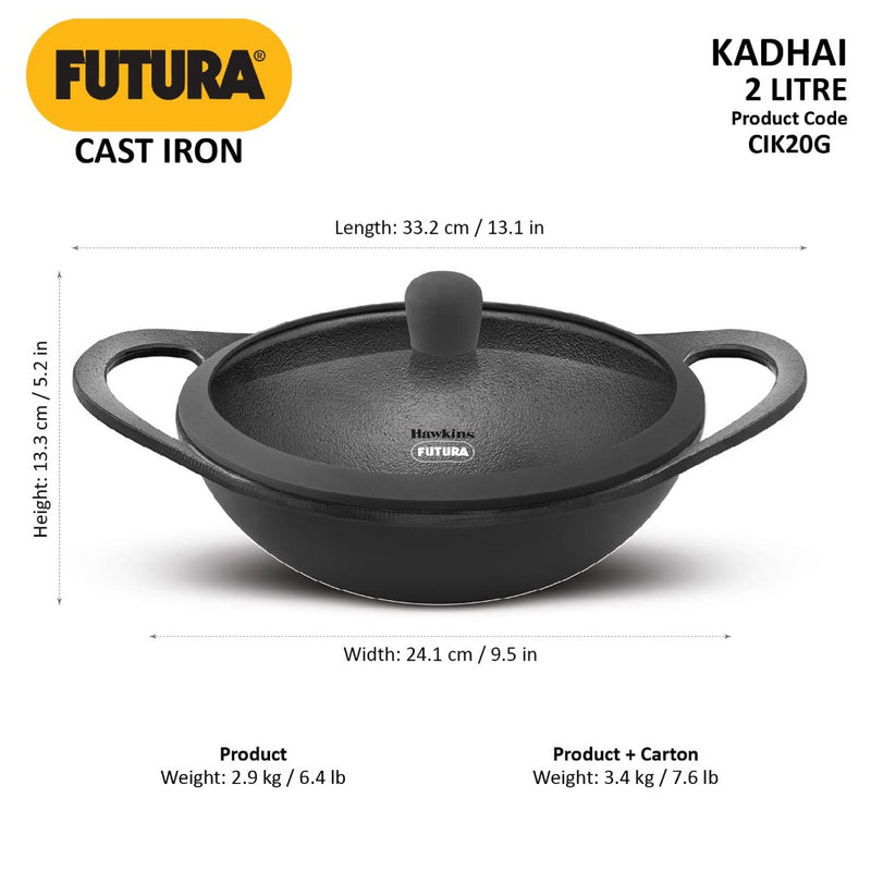 Hawkins Futura 2 Litre Cast Iron Kadhai with Glass Lid - 3