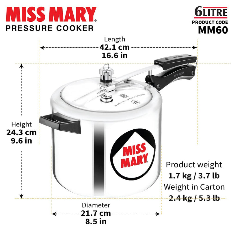Hawkins Miss Mary Aluminium 6 Litre Pressure Cooker - 12