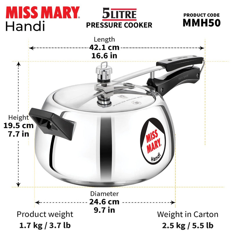 Hawkins Miss Mary Aluminium 5 Litre Handi Pressure Cooker - 13