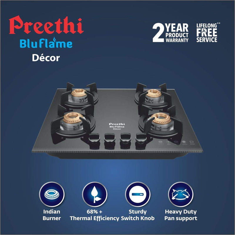 Preethi Decor Hobs 4 Burner Auto Ignition Cooktop (Black)