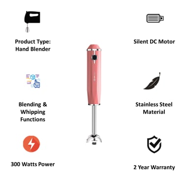Bajaj Juvel 300 Watts Hand Blender with Prism Design and Silent DC Motor, Pink
