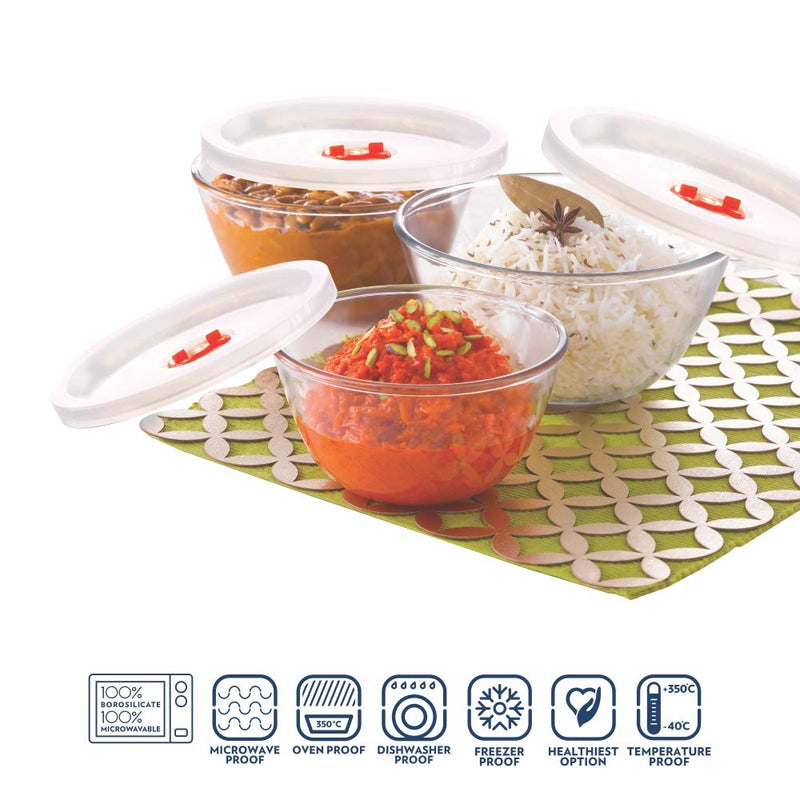 Borosil Glass Mixing Bowl with lid - Set of 3 (500 ML + 900 ML + 1.3L) Oven and Microwave Safe