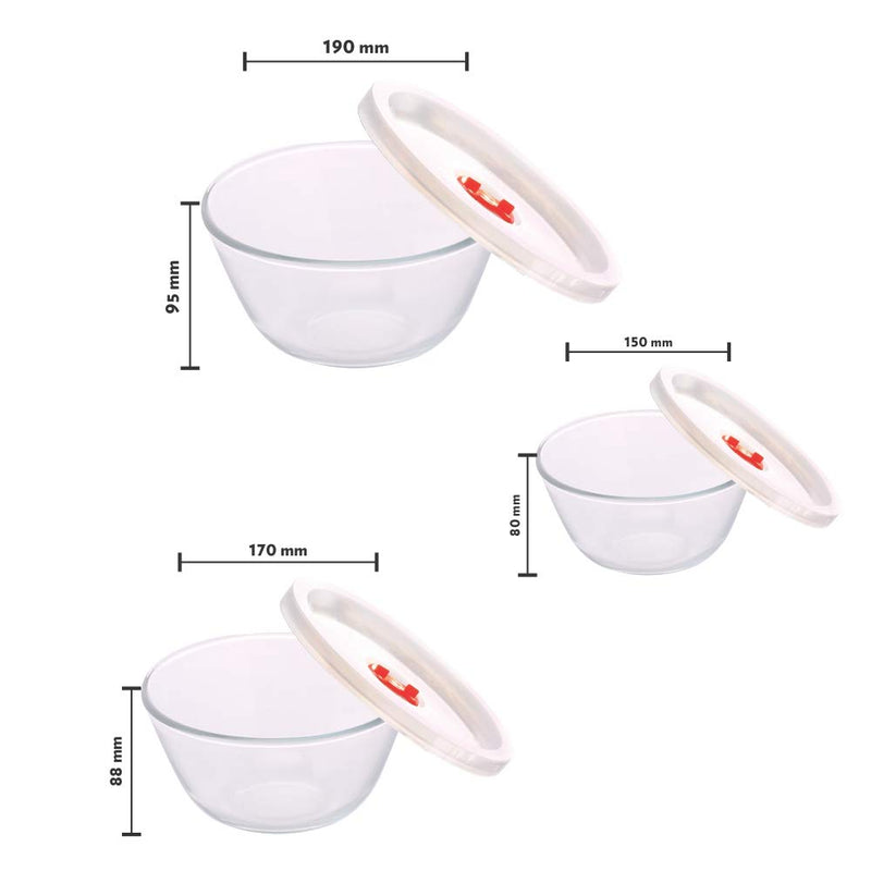 Borosil Glass Mixing Bowl with lid - Set of 3 (500 ML + 900 ML + 1.3L) Oven and Microwave Safe