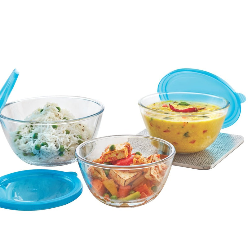 Borosil Glass Mixing Bowl with lid - Set of 3 (500 ML + 900 ML + 1.3L) Oven  and Microwave Safe