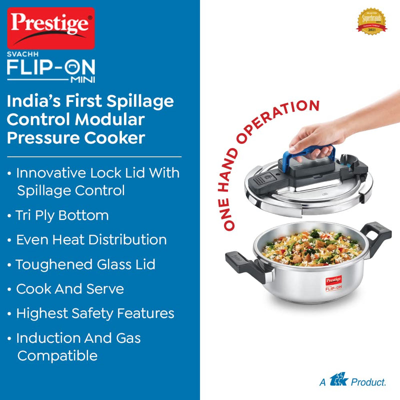 Prestige Svachh FLIP-ON Mini Stainless Steel Pressure Cooker with Glass Lid - 3