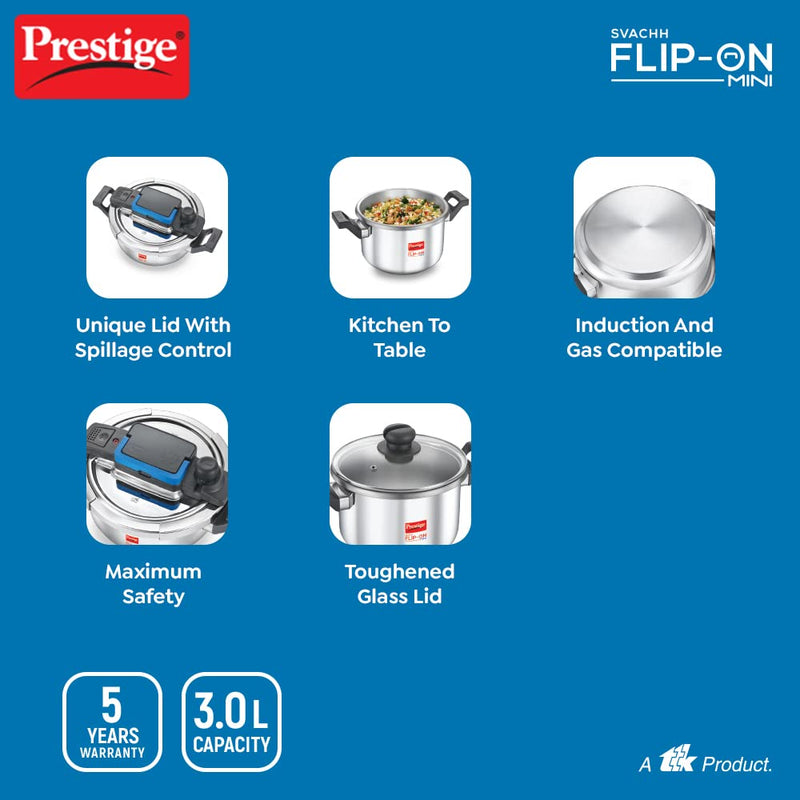 Prestige Svachh FLIP-ON Mini Stainless Steel Pressure Cooker with Glass Lid - 11