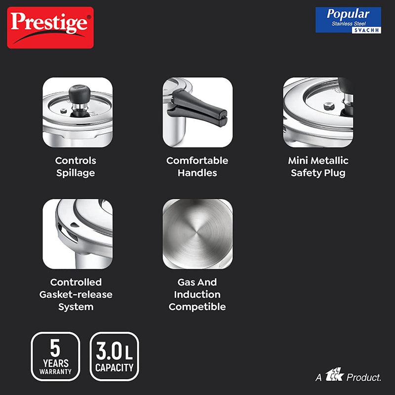 Prestige Popular Svachh Spillage Control Stainless Steel Pressure Cooker - 6