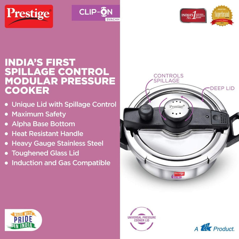 Prestige Clip-on Svachh Stainless Steel Pressure cooker with Glass Lid - 5