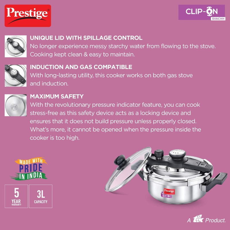 Prestige Clip-on Svachh Stainless Steel Pressure cooker with Glass Lid - 6