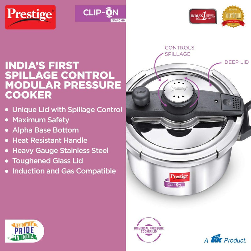 Prestige Clip-on Svachh Stainless Steel Pressure cooker with Glass Lid - 11