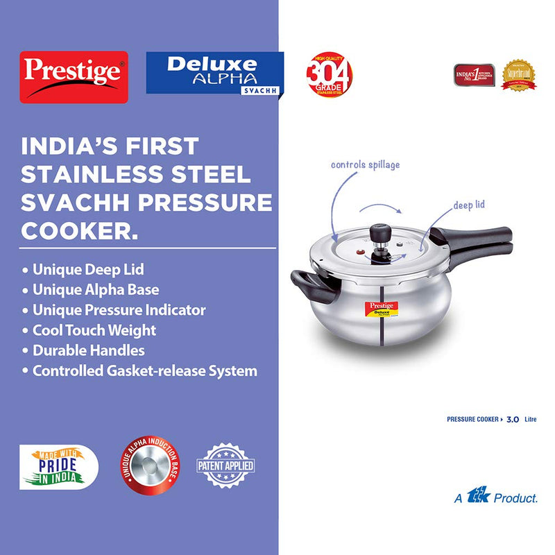 Prestige Deluxe Alpha Svachh Stainless Steel Pressure Cooker Handi - 8