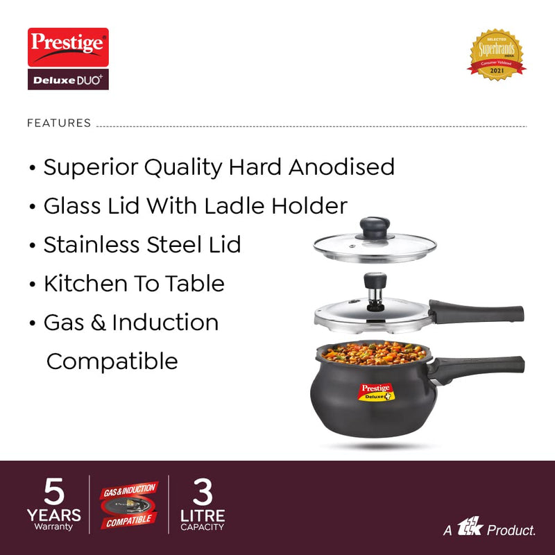 Prestige Deluxe Duo Plus Hard Anodised Handi Pressure Cooker with Glass Lid and 1 Stainless Steel Lid - 20144 - 8