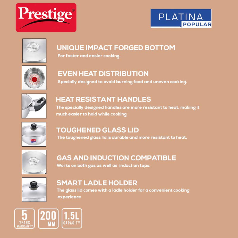 Prestige Platina Popular Stainless Steel Kadhai With Glass Lid | Silver
