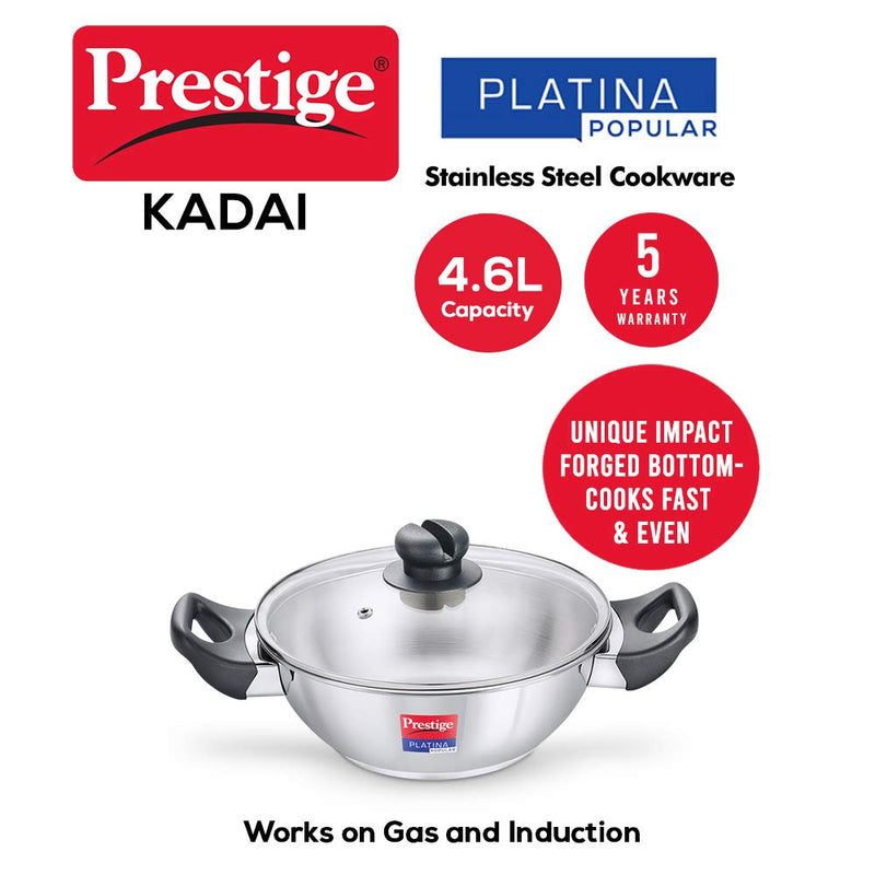 Prestige Platina Popular Stainless Steel Kadhai With Glass Lid | Silver