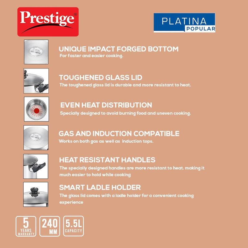 Prestige Platina Popular Stainless Steel Casserole with Glass Lid - 36166 - 19