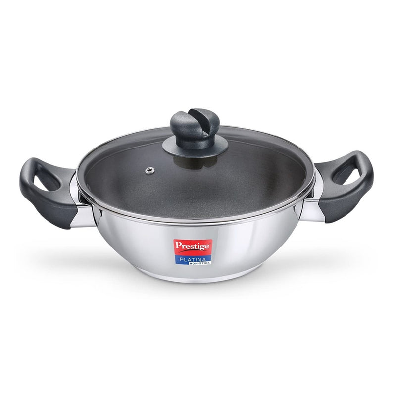Prestige Platina Non-stick Stainless Steel Induction Bottom Kadai with Glass Lid - 24 cm - 8