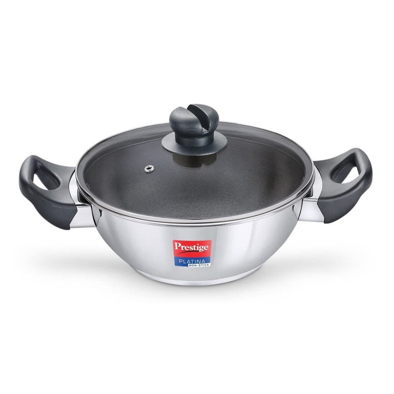 Prestige Platina Non-stick Stainless Steel Induction Bottom Kadai with Glass Lid - 26 cm - 10