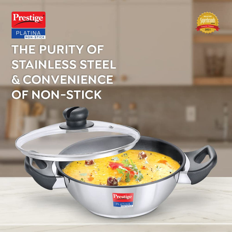 Prestige Platina Non-stick Stainless Steel Induction Bottom Kadai with Glass Lid - 26 cm - 11