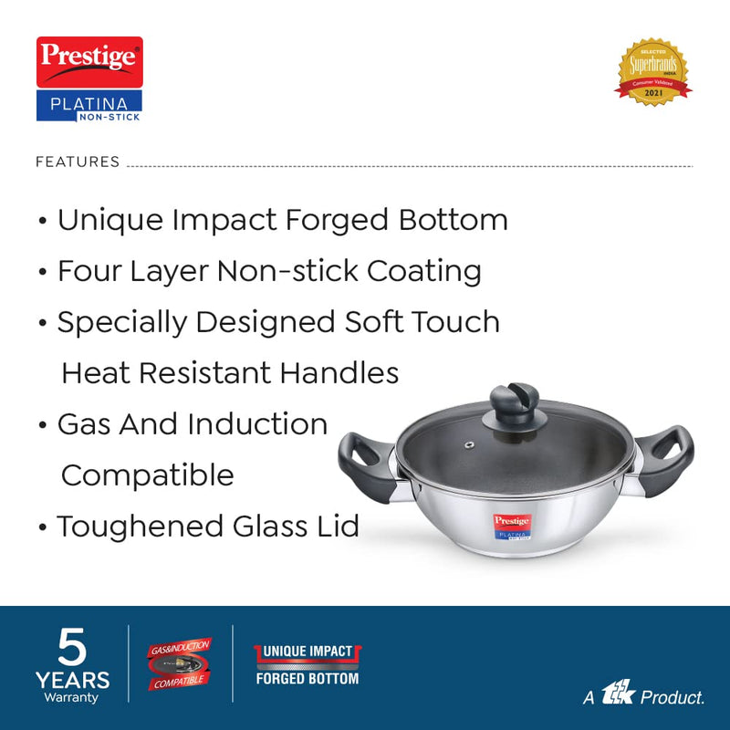 Prestige Platina Non-stick Stainless Steel Induction Bottom Kadai with Glass Lid - 20 cm - 3