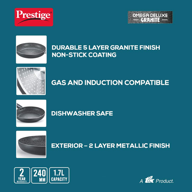 Prestige Omega Deluxe Granite Fry Pan with Glass Lid, Black