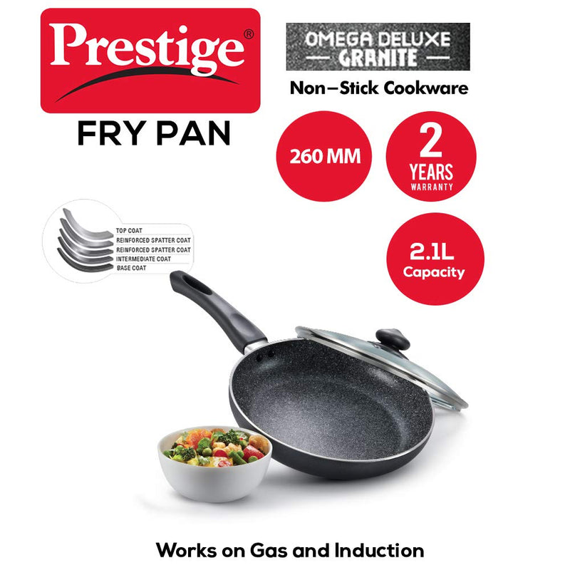 Prestige Omega Deluxe Granite Fry Pan with Glass Lid, Black