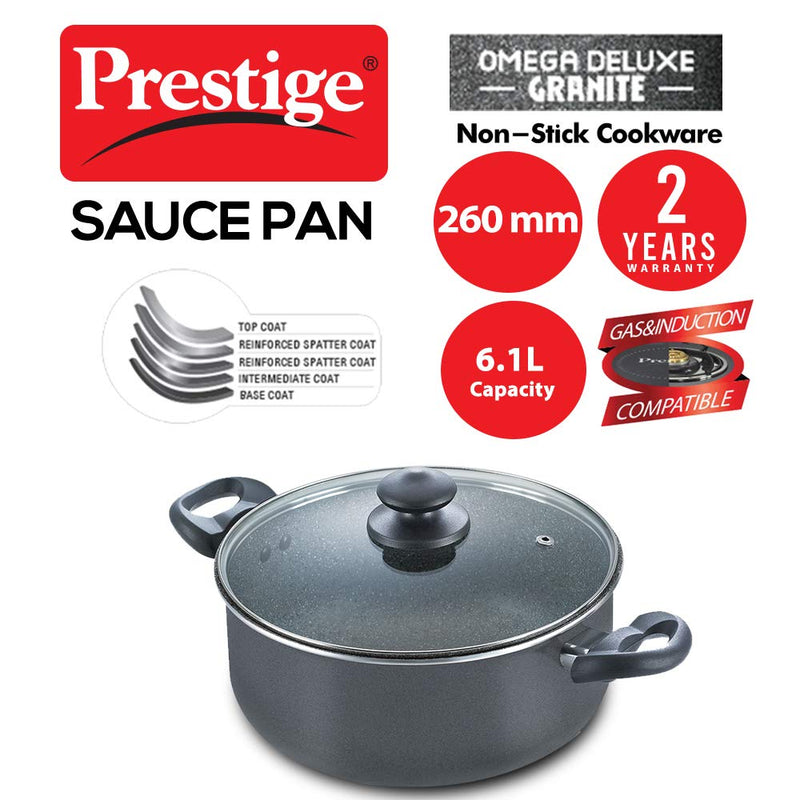 Prestige Omega Deluxe Non-stick Granite Coating Round Base Sauce Pan with Glass Lid - 7