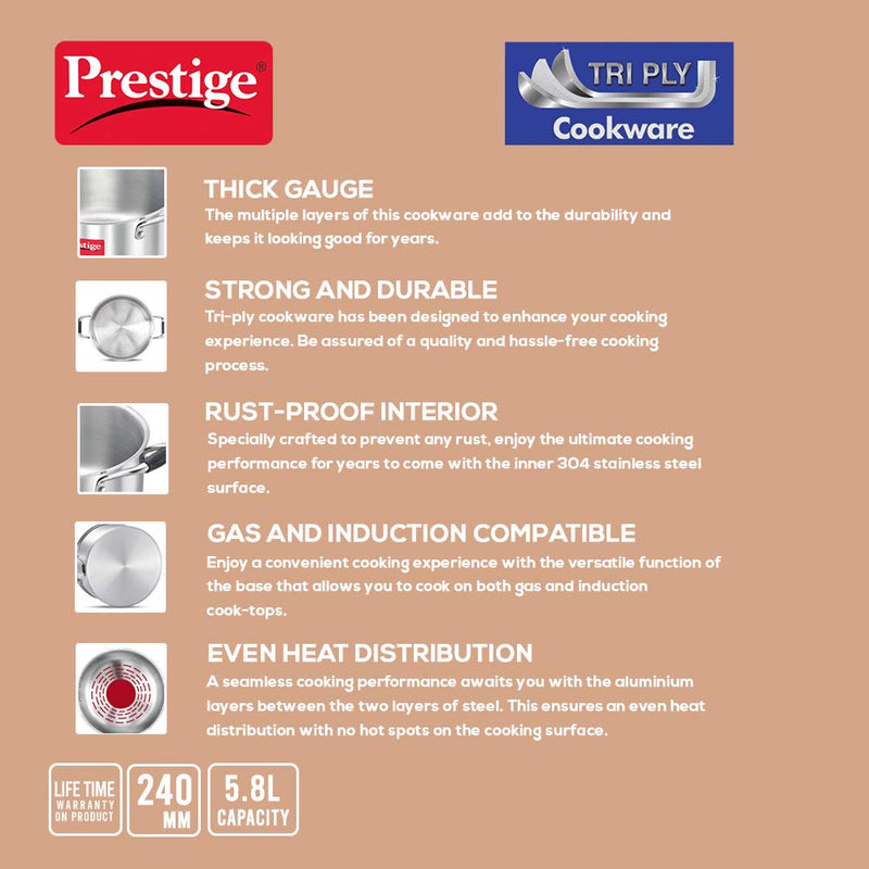 Prestige Tri Ply Casserole Dia 240 MM - PR36808